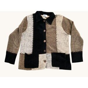 Y2K Studio Works Brown Black Patchwork Cardigan Sm, Cottage Core Pockets Collar